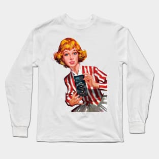 Girl Reporter Photographer Camera Filmmaker Vintage Jenny Schoolgirls Retro Comic American Illustration Long Sleeve T-Shirt